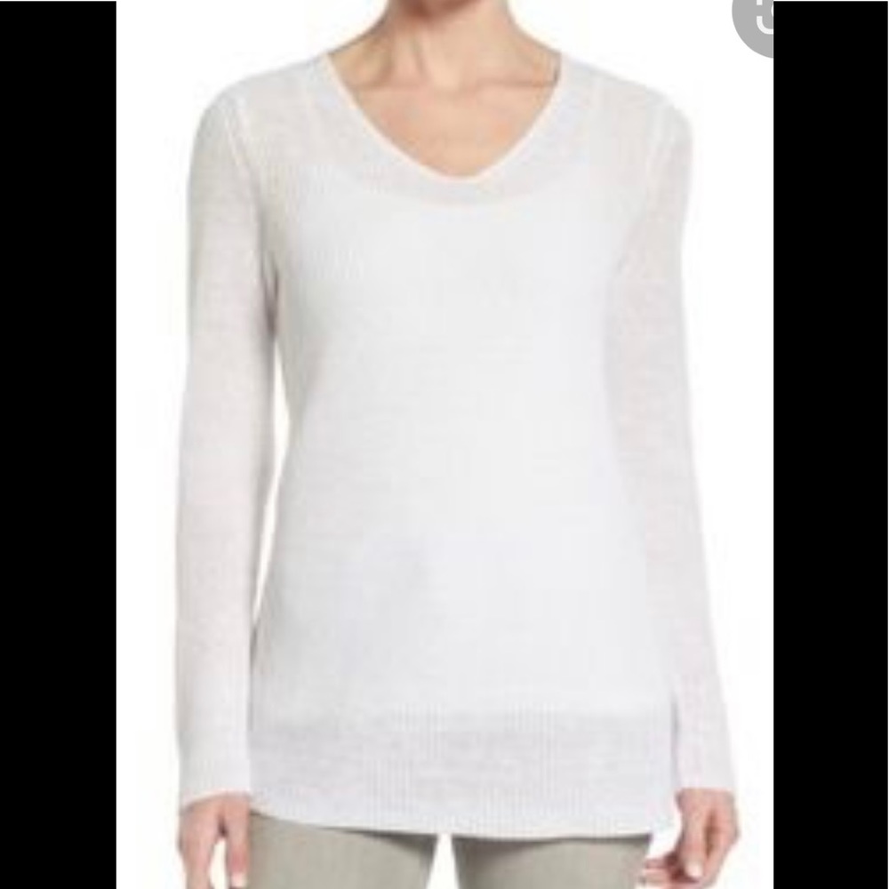 EILEEN FISHER V NECK WHITE ORGANIC COTTON MESH L/S TOP TUNIC LARGE NUBBLE